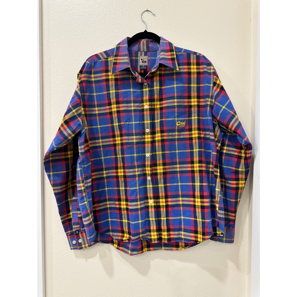 Cruel Girl Y2K XL Plaid Button Down Shirt Blue Red Yellow Cotton Western Top